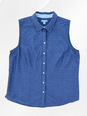 Croft & Barrow Blue and White Polka Dot Sleeveless Cotton Button Front Blouse XL